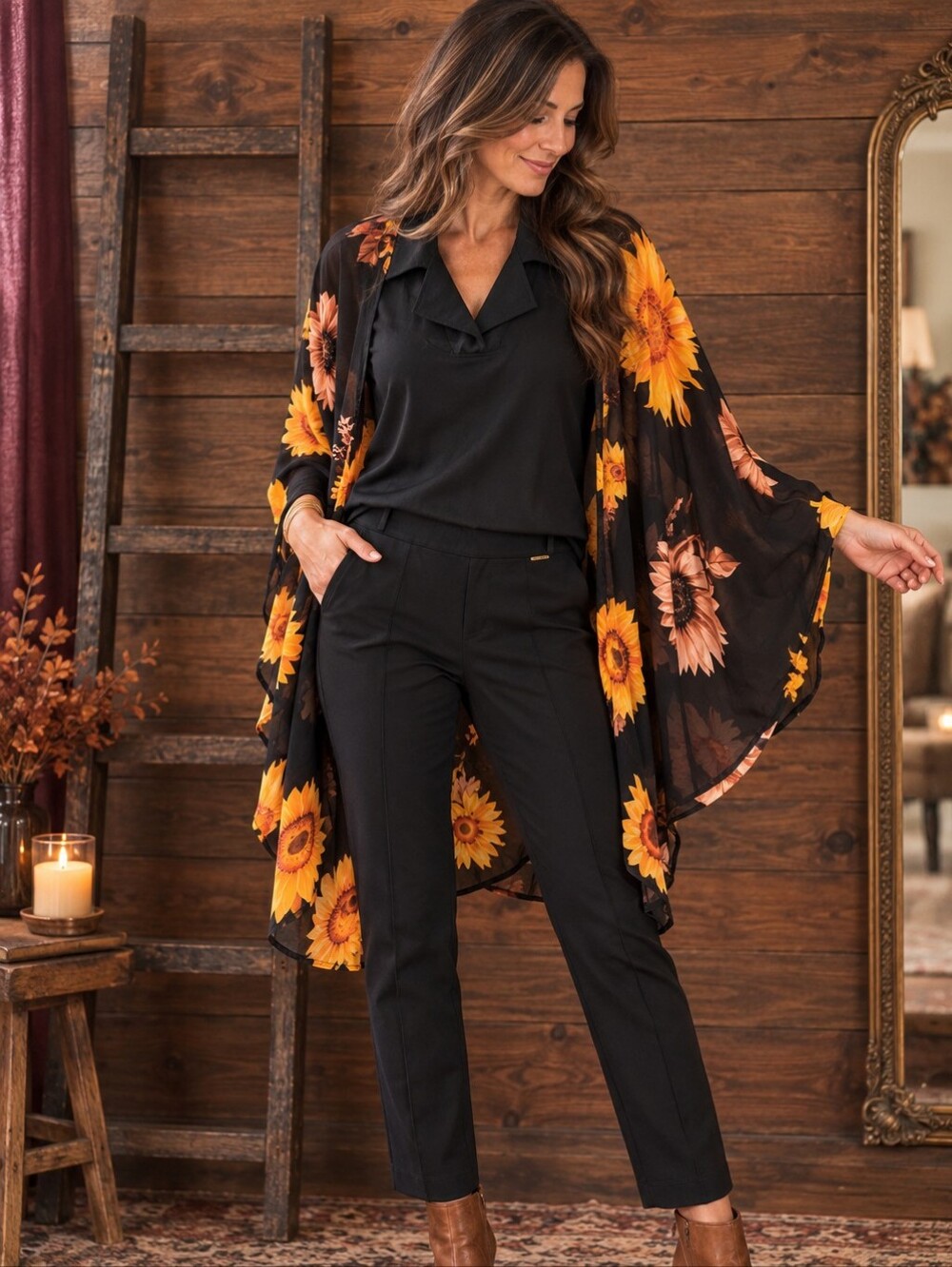 Black Sunflower Kimono Floral Fall Layering Top Boho